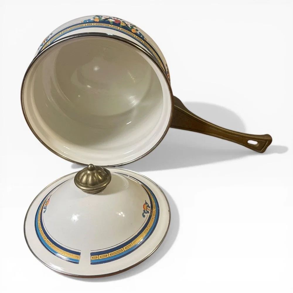 Vintage Floral Enamel Saucepan with Lid Brass Handle Chinoiserie Cream Blue Gold